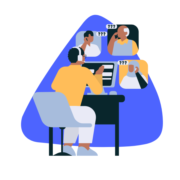 Customer support agent on the phone with multiple customers